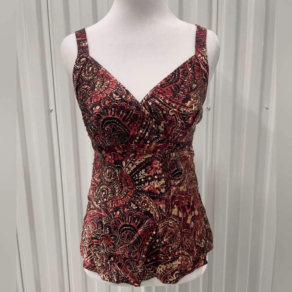 NWT Y2K‎ Silk Red Paisley Beaded Sequin Babydoll Top 2 Petite 2P Deadstock Boho